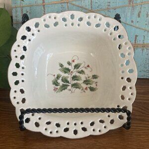 Pierced Square Christmas Bowl Candy Dish Holly Holiday ROYAL LIMITED Gold Trim